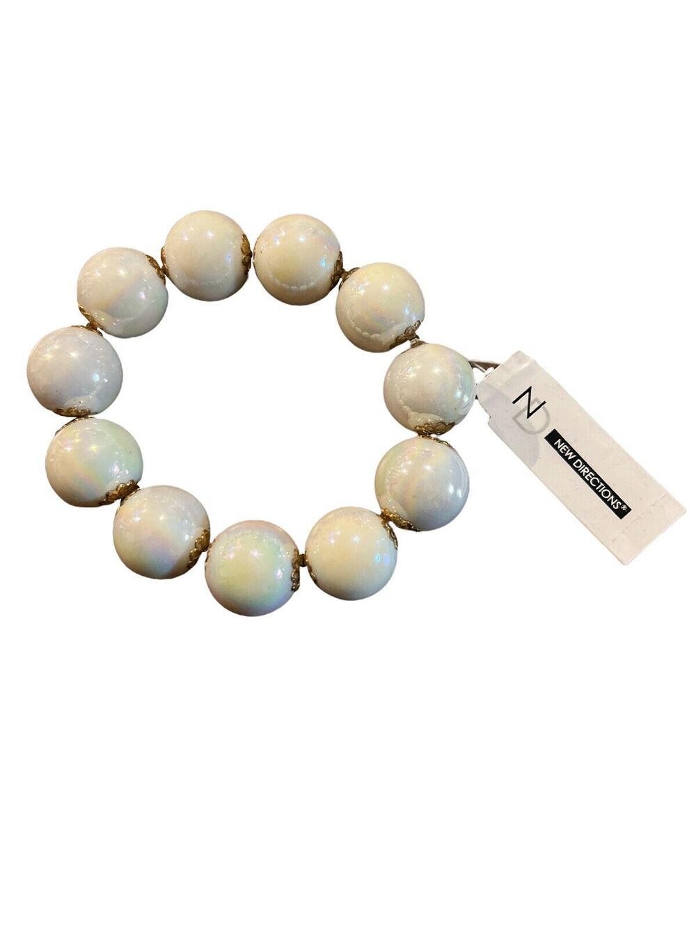 New Directions White Shiny Large Beaded Bracelet Stretch NWT